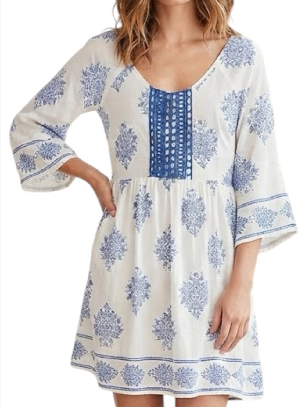 ENTRO ANTHROPOLOGIE Ivory Blue Lace Trim Flowy Midi Dress Cottagecore Boho M